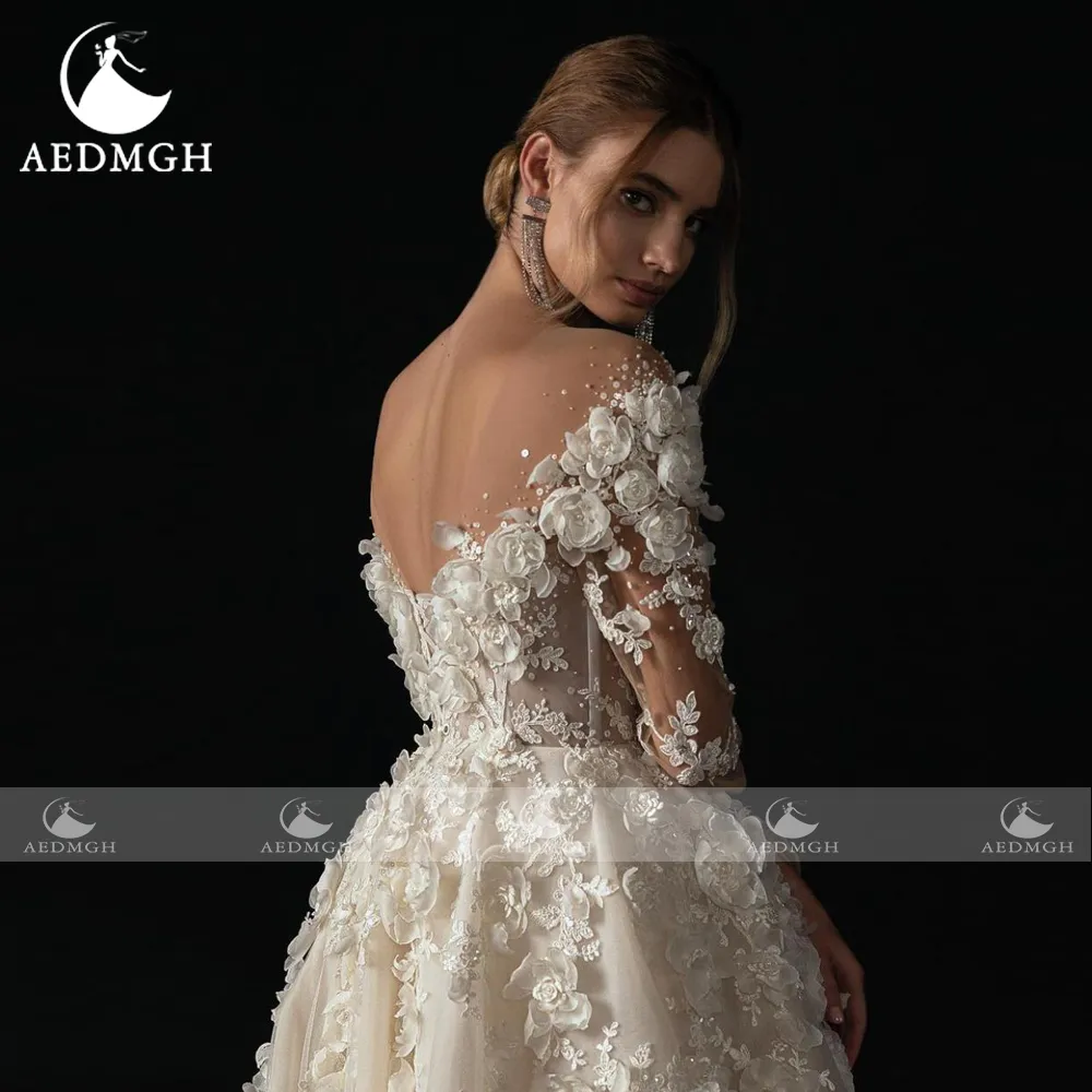 Aedmgh A-Line Elegant Wedding Dresses 2023 Boat Neck Long Sleeve Vestido De Novia Lace Appliques Flowers Romantic Robe De Mariee