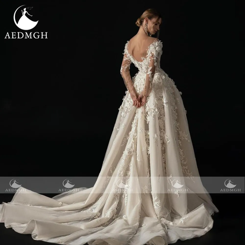 Aedmgh A-Line Elegant Wedding Dresses 2023 Boat Neck Long Sleeve Vestido De Novia Lace Appliques Flowers Romantic Robe De Mariee