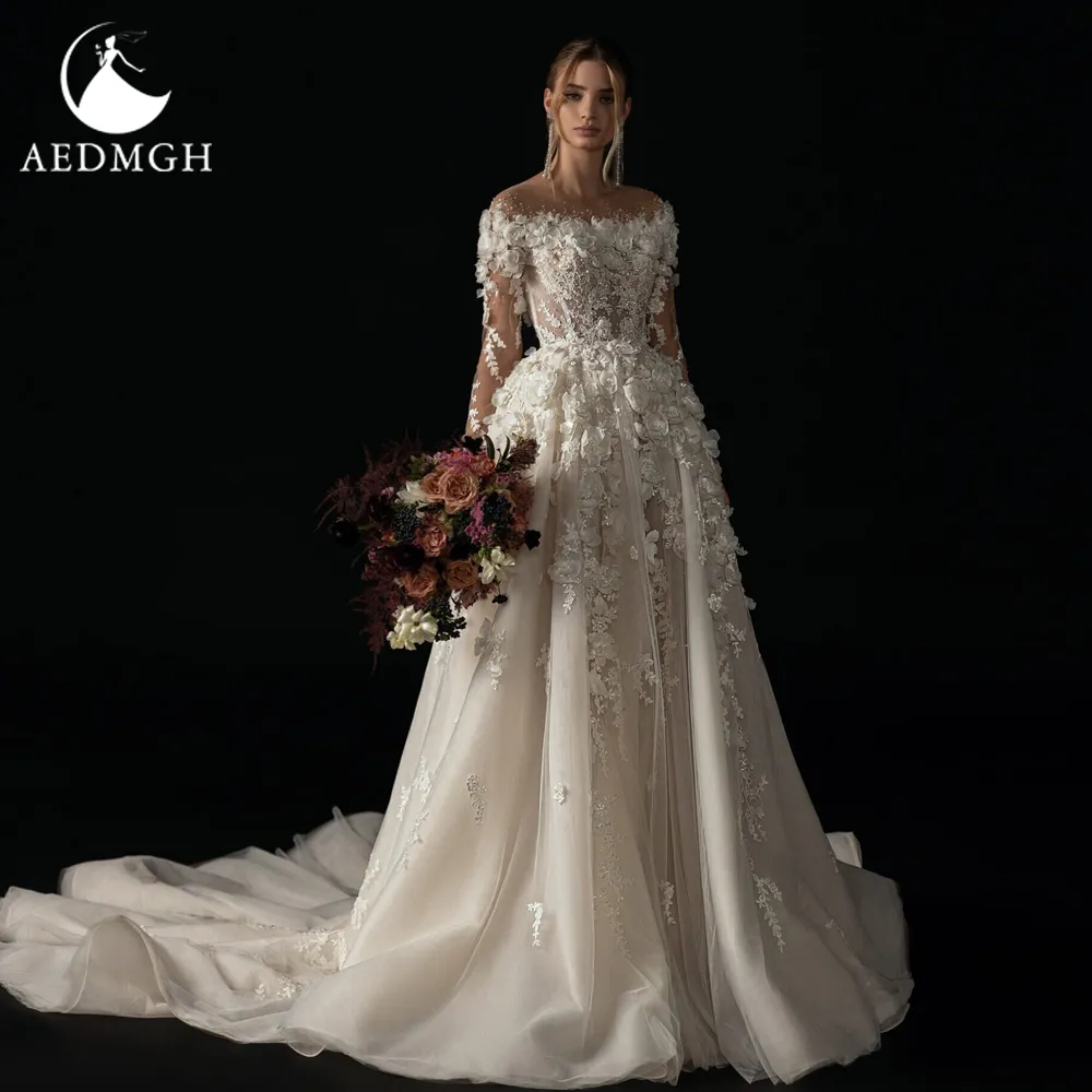 Aedmgh A-Line Elegant Wedding Dresses 2023 Boat Neck Long Sleeve Vestido De Novia Lace Appliques Flowers Romantic Robe De Mariee