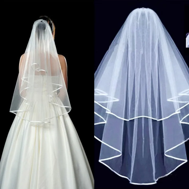 White  Ivory Wedding Veil 2 Tiers Ribbon Edge Center Cascade Bridal Veil with Comb for Bachelorette Party
