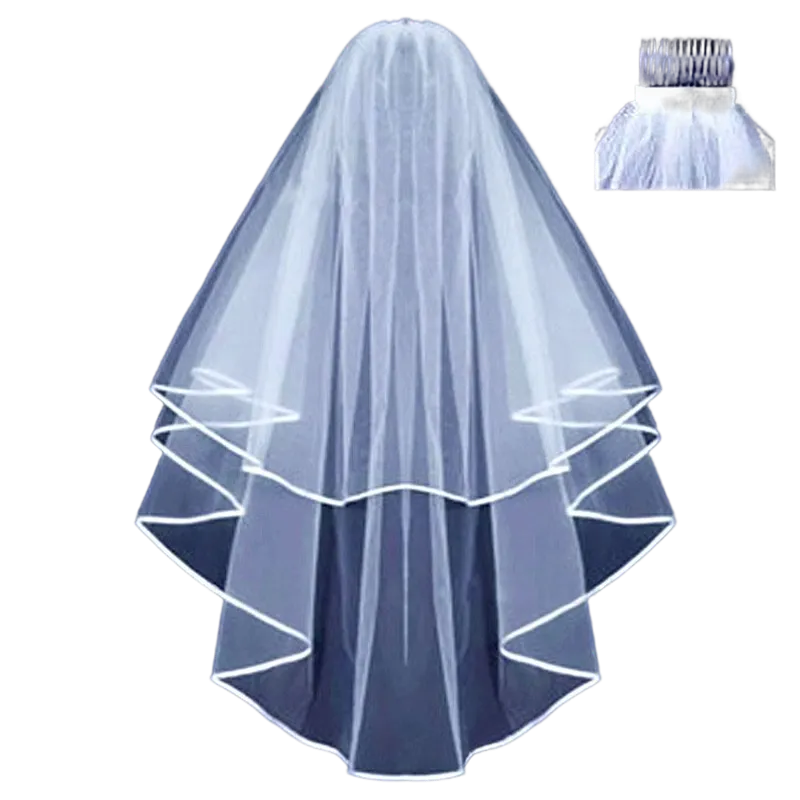 White  Ivory Wedding Veil 2 Tiers Ribbon Edge Center Cascade Bridal Veil with Comb for Bachelorette Party