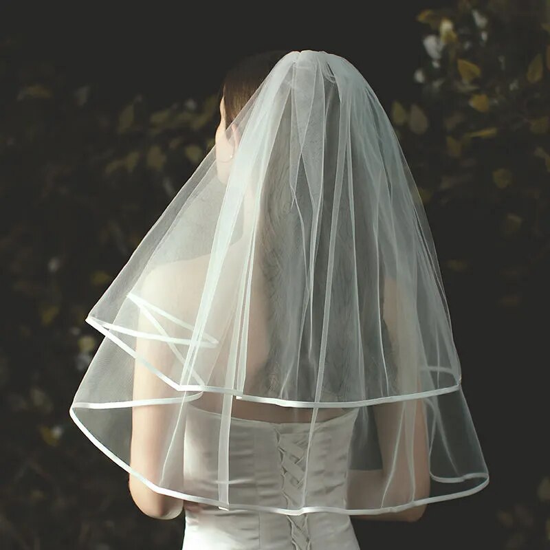 Elegant Elbow Bridal Veil 2-Layer Thickened Mesh Ribbon Edge Headdress with Comb for Wedding 2023