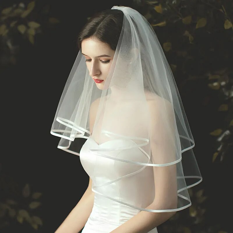 Elegant Elbow Bridal Veil 2-Layer Thickened Mesh Ribbon Edge Headdress with Comb for Wedding 2023