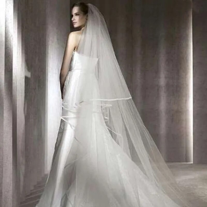 3 M Cathedral Wedding Veil 2 Layeres Long Bridal Veils With Comb Ribbon Edge Woman Marry Gifts 2019 New Accessories
