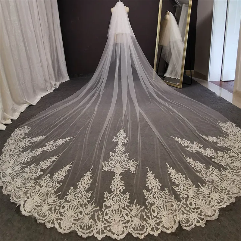 Real Photos 2 T Long Lace Wedding Veil 4 Meters White Ivory Bridal Veil with Comb Blusher Bride Headpiece Wedding Accessories Real Photos 2 T Long Lace Wedding Veil 4 Meters White Ivory Bridal Veil with Comb Blusher Bride Headpiece Wedding Accessories