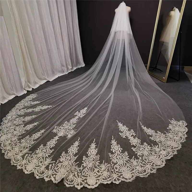 Real Photos 2 T Long Lace Wedding Veil 4 Meters White Ivory Bridal Veil with Comb Blusher Bride Headpiece Wedding Accessories Real Photos 2 T Long Lace Wedding Veil 4 Meters White Ivory Bridal Veil with Comb Blusher Bride Headpiece Wedding Accessories