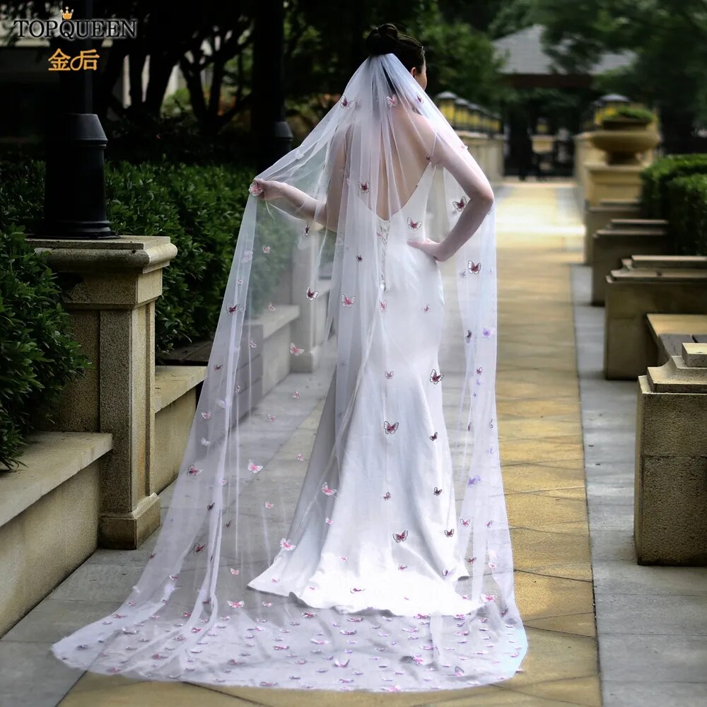 TOPQUEEN Powdered (with make-up) Bridal Veil of the Bride 3D Simulation Butterfly Veil 1 Tier Wedding Veil Long Soft VEIL V24 TOPQUEEN Powdered (with make-up) Bridal Veil of the Bride 3D Simulation Butterfly Veil 1 Tier Wedding Veil Long Soft VEIL V24