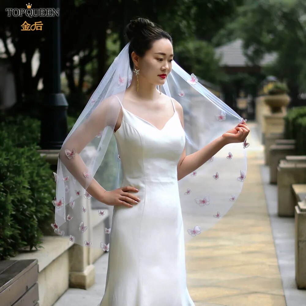 TOPQUEEN Powdered (with make-up) Bridal Veil of the Bride 3D Simulation Butterfly Veil 1 Tier Wedding Veil Long Soft VEIL V24 TOPQUEEN Powdered (with make-up) Bridal Veil of the Bride 3D Simulation Butterfly Veil 1 Tier Wedding Veil Long Soft VEIL V24