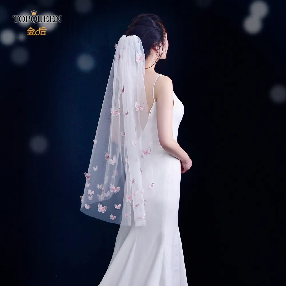 TOPQUEEN Powdered (with make-up) Bridal Veil of the Bride 3D Simulation Butterfly Veil 1 Tier Wedding Veil Long Soft VEIL V24 TOPQUEEN Powdered (with make-up) Bridal Veil of the Bride 3D Simulation Butterfly Veil 1 Tier Wedding Veil Long Soft VEIL V24