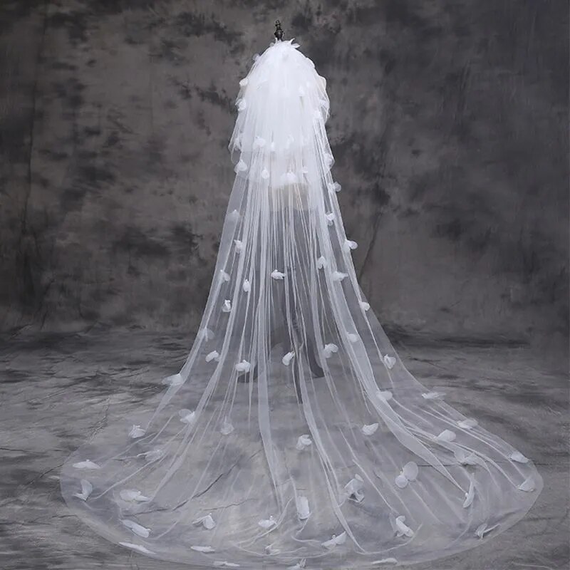 Tulle Wedding Dress Veils Fluffy White Flowers Petal Multi Layer Super Long Bridal Hair Veil Bride Fairy Marriage