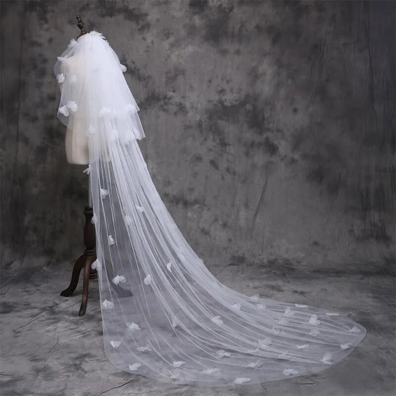 Tulle Wedding Dress Veils Fluffy White Flowers Petal Multi Layer Super Long Bridal Hair Veil Bride Fairy Marriage