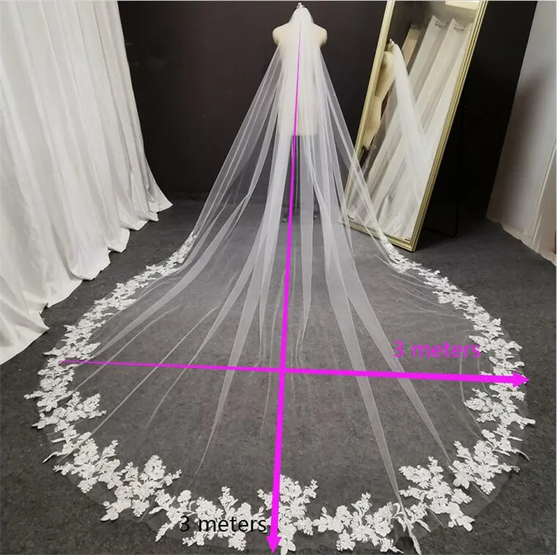 Long Lace Wedding Veil 3 Meters Long White Ivory Cathedral Bridal Veil with Comb Wedding Accessories Bride Headpieces Long Lace Wedding Veil 3 Meters Long White Ivory Cathedral Bridal Veil with Comb Wedding Accessories Bride Headpieces