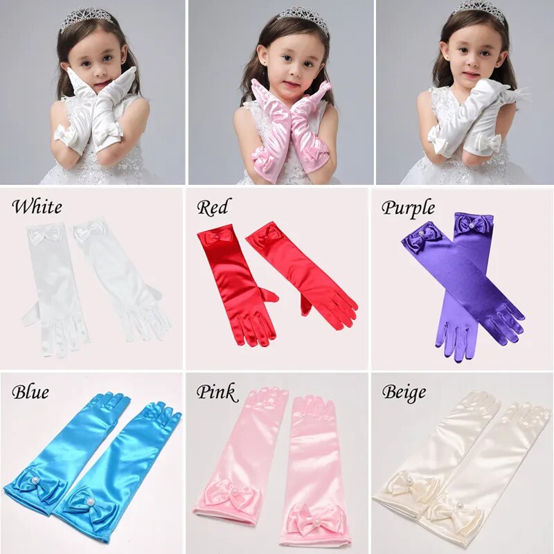 New Long Princess Dance Stage Gloves Bow Satin Kids Girl Wedding Dress Costume Accessories Children Dress-up Full Finger Mittens