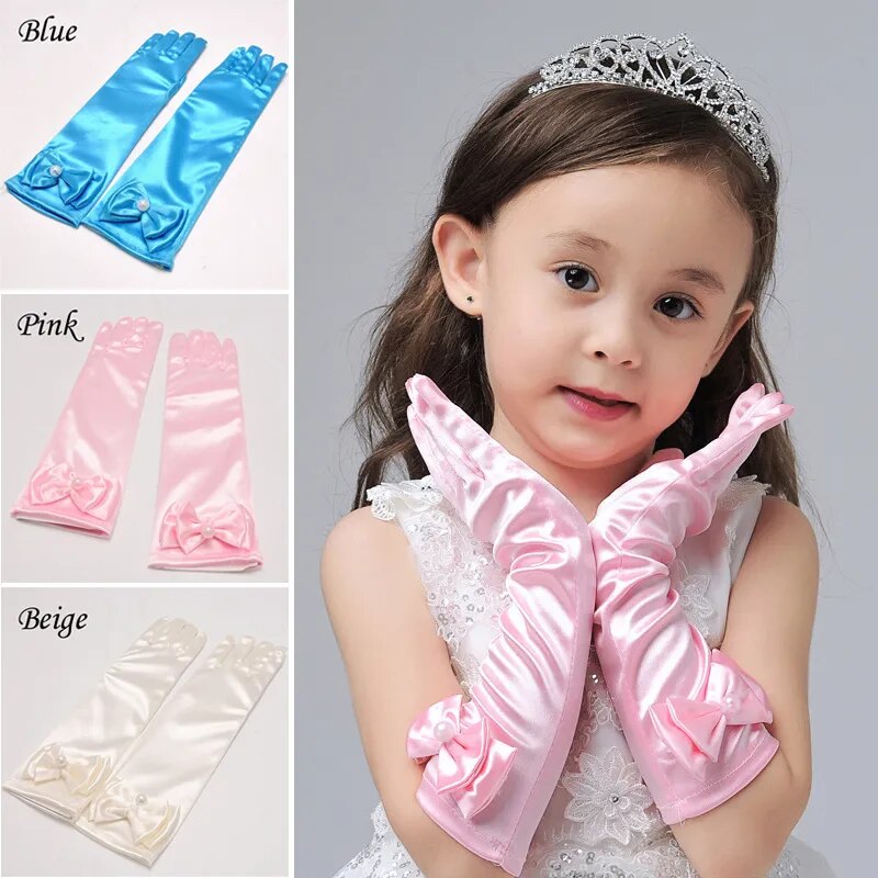 New Long Princess Dance Stage Gloves Bow Satin Kids Girl Wedding Dress Costume Accessories Children Dress-up Full Finger Mittens