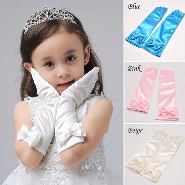 New Long Princess Dance Stage Gloves Bow Satin Kids Girl Wedding Dress Costume Accessories Children Dress-up Full Finger Mittens