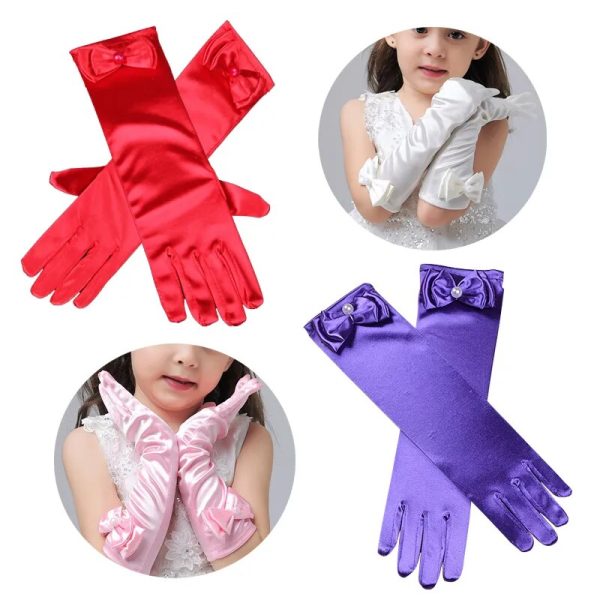 New Long Princess Dance Stage Gloves Bow Satin Kids Girl Wedding Dress Costume Accessories Children Dress-up Full Finger Mittens