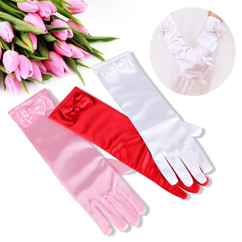 New Long Princess Dance Stage Gloves Bow Satin Kids Girl Wedding Dress Costume Accessories Children Dress-up Full Finger Mittens