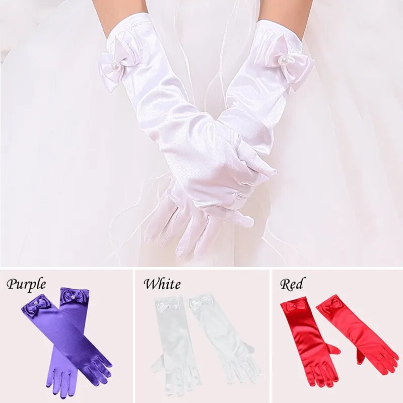 New Long Princess Dance Stage Gloves Bow Satin Kids Girl Wedding Dress Costume Accessories Children Dress-up Full Finger Mittens
