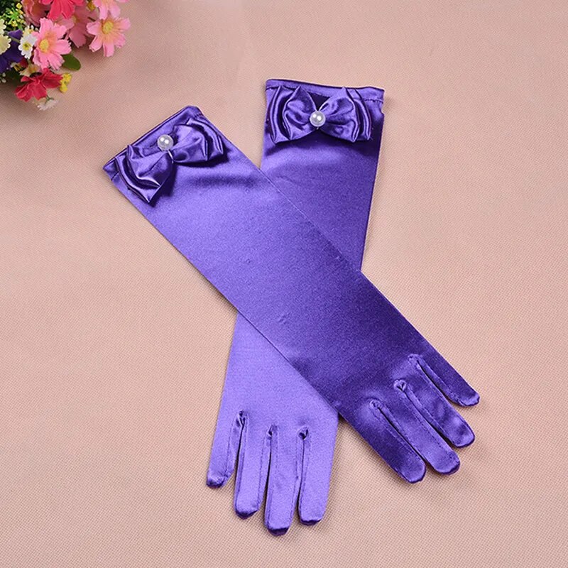 New Long Princess Dance Stage Gloves Bow Satin Kids Girl Wedding Dress Costume Accessories Children Dress-up Full Finger Mittens