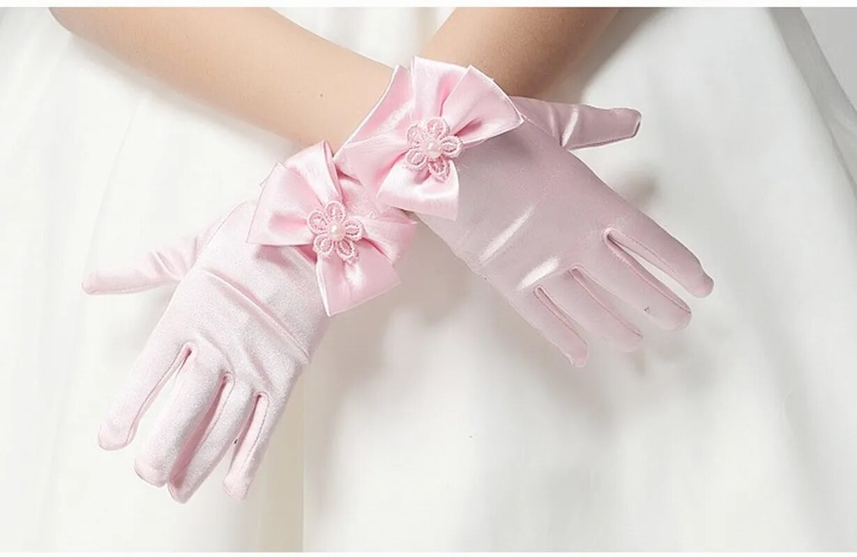 Little Girl Gloves Satin Flower Girl Party Bowknot Gloves for Kids Ceremony Wedding Accessories Wedding Gloves Satin Short
