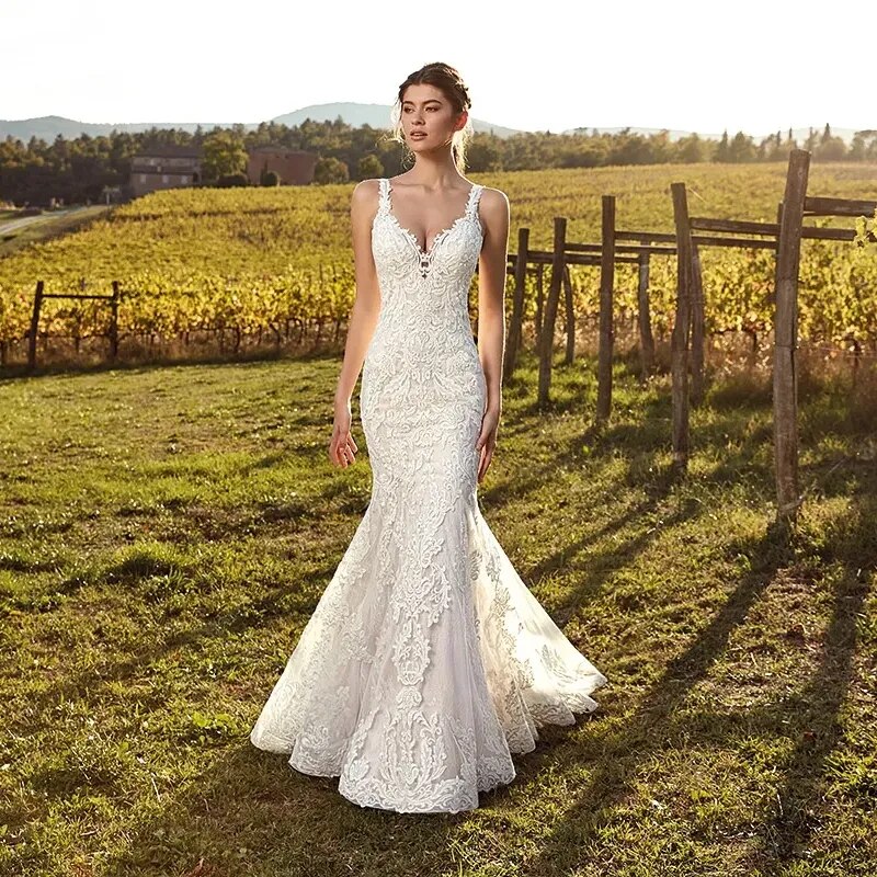 Sexy Deep V Neck Mermaid Vestidos De Novia Appliques Vestido De Noiva Spaghetti Straps Wedding Dresses Lace Robe De Mariée