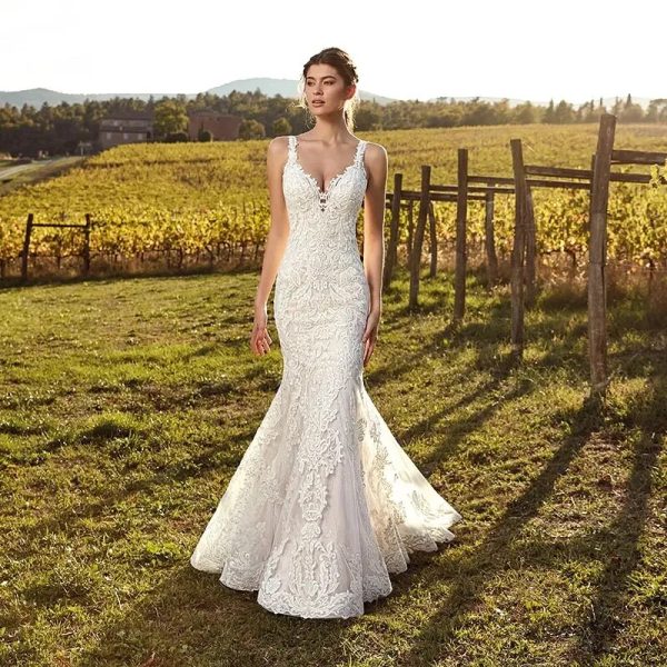 Sexy Deep V Neck Mermaid Vestidos De Novia Appliques Vestido De Noiva Spaghetti Straps Wedding Dresses Lace Robe De Mariée