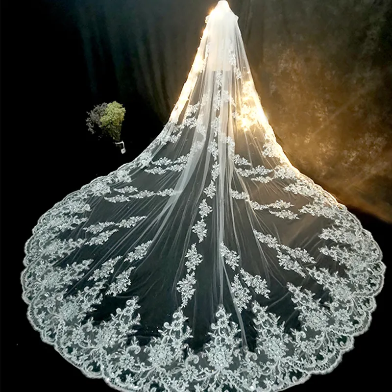 5m 4m 3m Long Wedding Bridal Veils Lace Appiques Edge 1 T Tulle Cathedral Veil with Comb Ivory Luxury Velo de Novia Voile mariee 5m 4m 3m Long Wedding Bridal Veils Lace Appiques Edge 1 T Tulle Cathedral Veil with Comb Ivory Luxury Velo de Novia Voile mariee