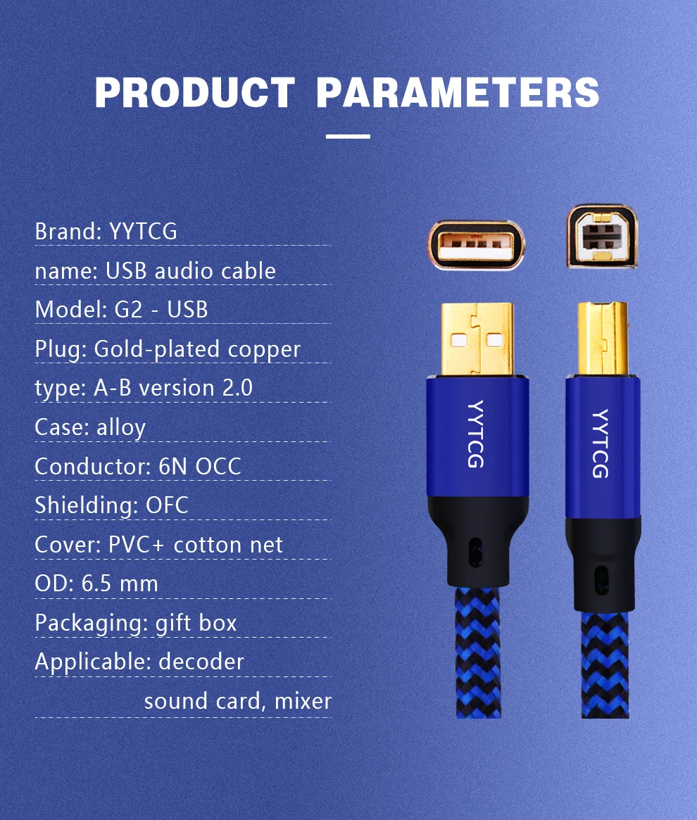 YYTCG Hifi USB Cable DAC A-B A-C A-A C-B C-C Alpha 6N OCC Digital AB Audio A to B high-end Type A to Type B Hifi Data Cable