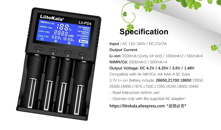 Liitokala Lii-PD2 Lii-PD4 18650 Battery Charger,3.7V 26650 18350 16340 18500 14500 1.2V NI-MH AA AAA LCD Multifunction Charger