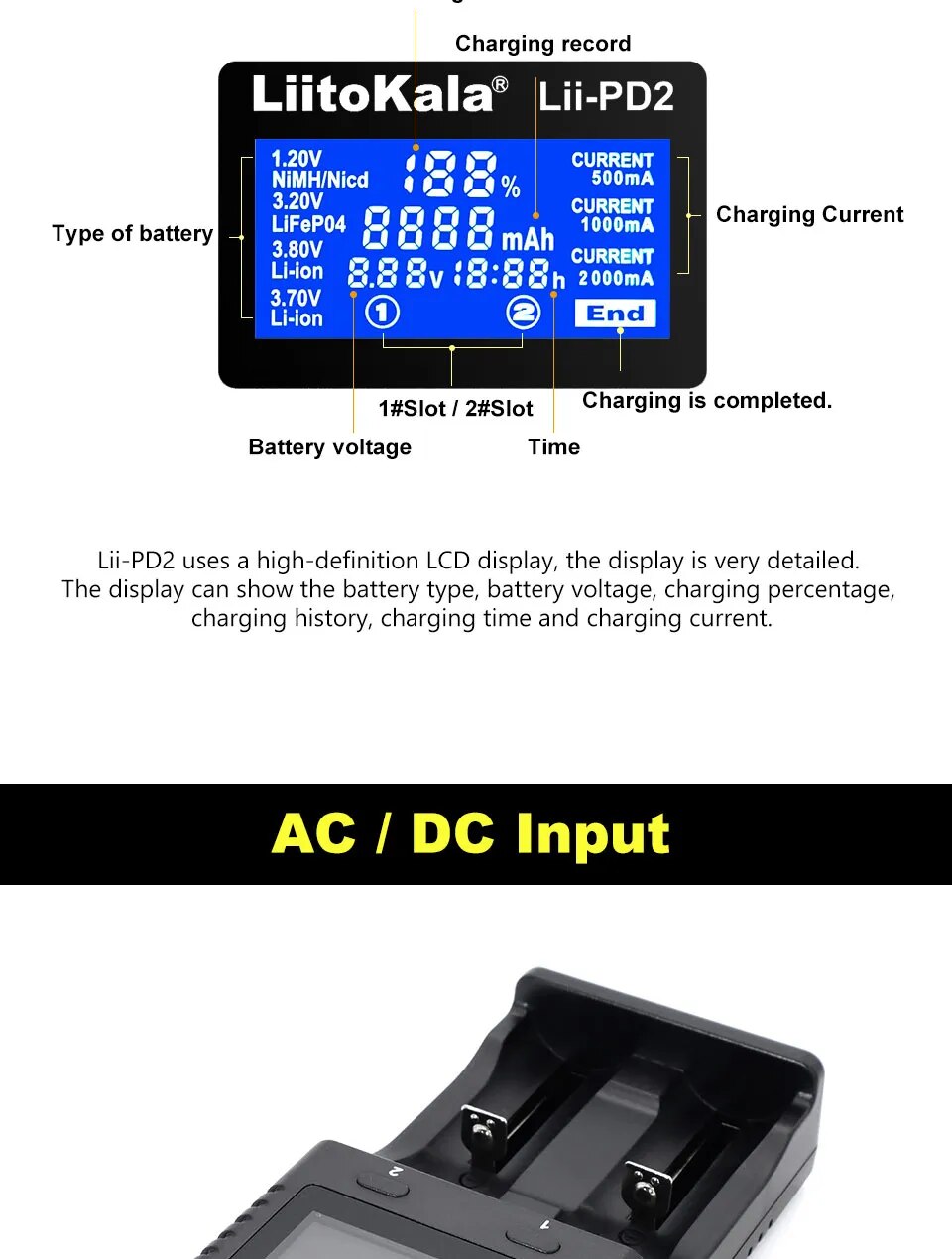 Liitokala Lii-PD2 Lii-PD4 18650 Battery Charger,3.7V 26650 18350 16340 18500 14500 1.2V NI-MH AA AAA LCD Multifunction Charger Liitokala Lii-PD2 Lii-PD4 18650 Battery Charger,3.7V 26650 18350 16340 18500 14500 1.2V NI-MH AA AAA LCD Multifunction Charger