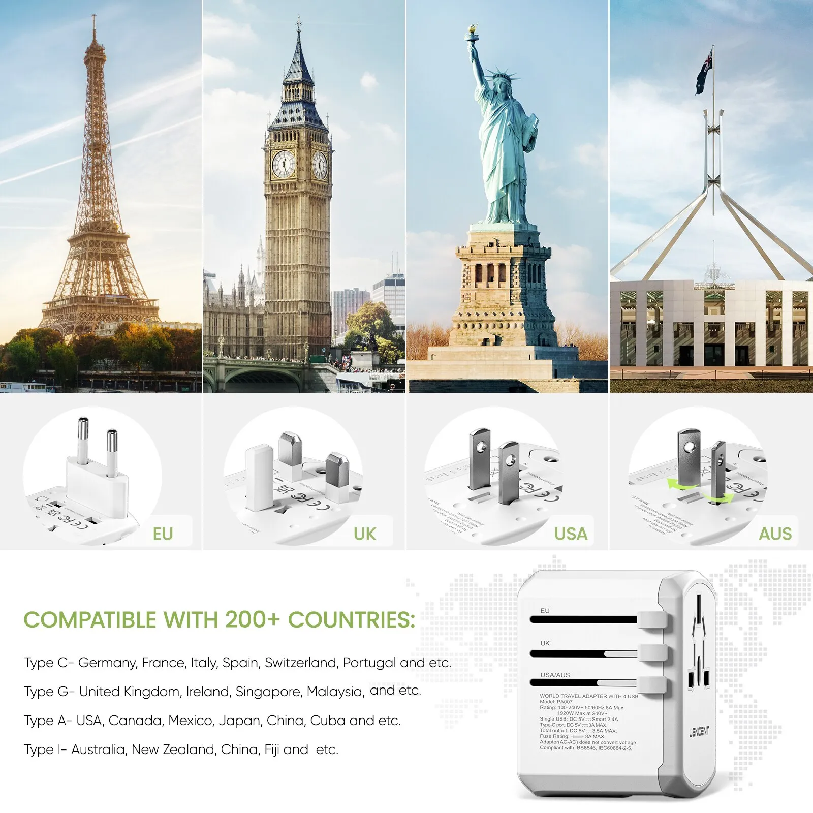 LENCENT Universal Travel Adapter with 3 USB Port and 1 Type C Wall Charger All-in-one Travel Charger for US EU UK AUS Travel