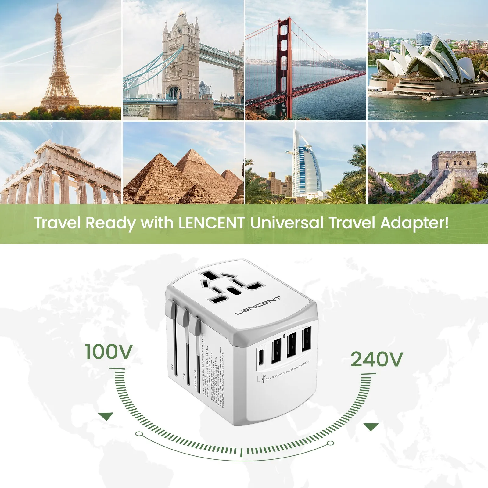 LENCENT Universal Travel Adapter with 3 USB Port and 1 Type C Wall Charger All-in-one Travel Charger for US EU UK AUS Travel