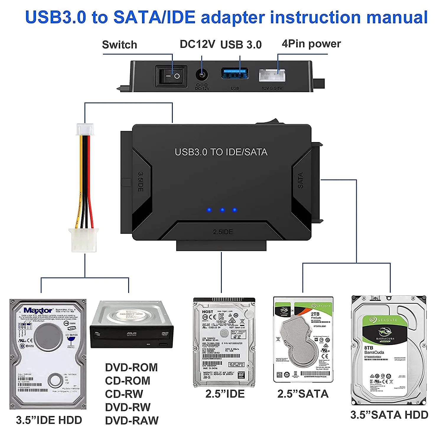 USB 3.0 to SATA IDE Hard Disk Adapter Converter Cable for 3.5 2.5 inch HDD/SSD CD DVD ROM CD-RW 3 in 1 IDE SATA Adapter USB 3.0 to SATA IDE Hard Disk Adapter Converter Cable for 3.5 2.5 inch HDD/SSD CD DVD ROM CD-RW 3 in 1 IDE SATA Adapter