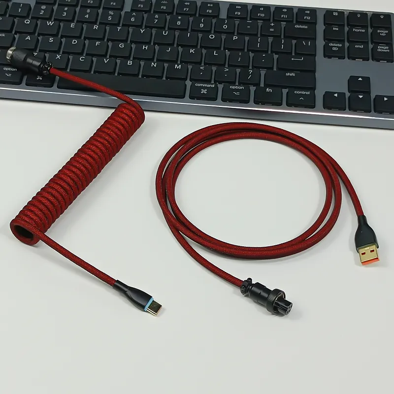 Coiled Keyboard Cable USB C for Mechanical Gaming Keyboard Double-Sleeved Wire with Detachable Metal Aviator Connector Charging