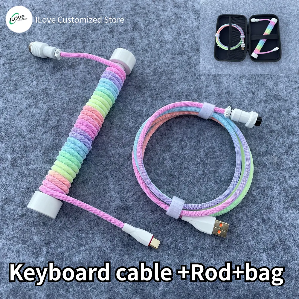 Coiled Keyboard Cable USB C for Mechanical Gaming Keyboard Double-Sleeved Wire with Detachable Metal Aviator Connector Charging