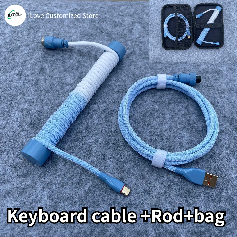 Coiled Keyboard Cable USB C for Mechanical Gaming Keyboard Double-Sleeved Wire with Detachable Metal Aviator Connector Charging