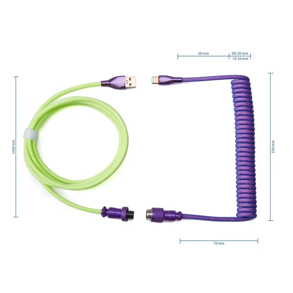 Coiled Keyboard Cable USB C for Mechanical Gaming Keyboard Double-Sleeved Wire with Detachable Metal Aviator Connector Charging
