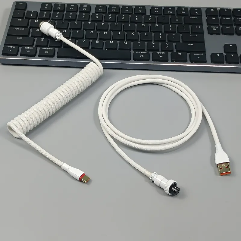 Coiled Keyboard Cable USB C for Mechanical Gaming Keyboard Double-Sleeved Wire with Detachable Metal Aviator Connector Charging