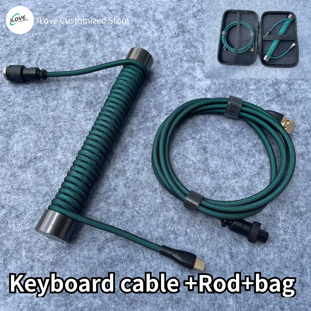Coiled Keyboard Cable USB C for Mechanical Gaming Keyboard Double-Sleeved Wire with Detachable Metal Aviator Connector Charging