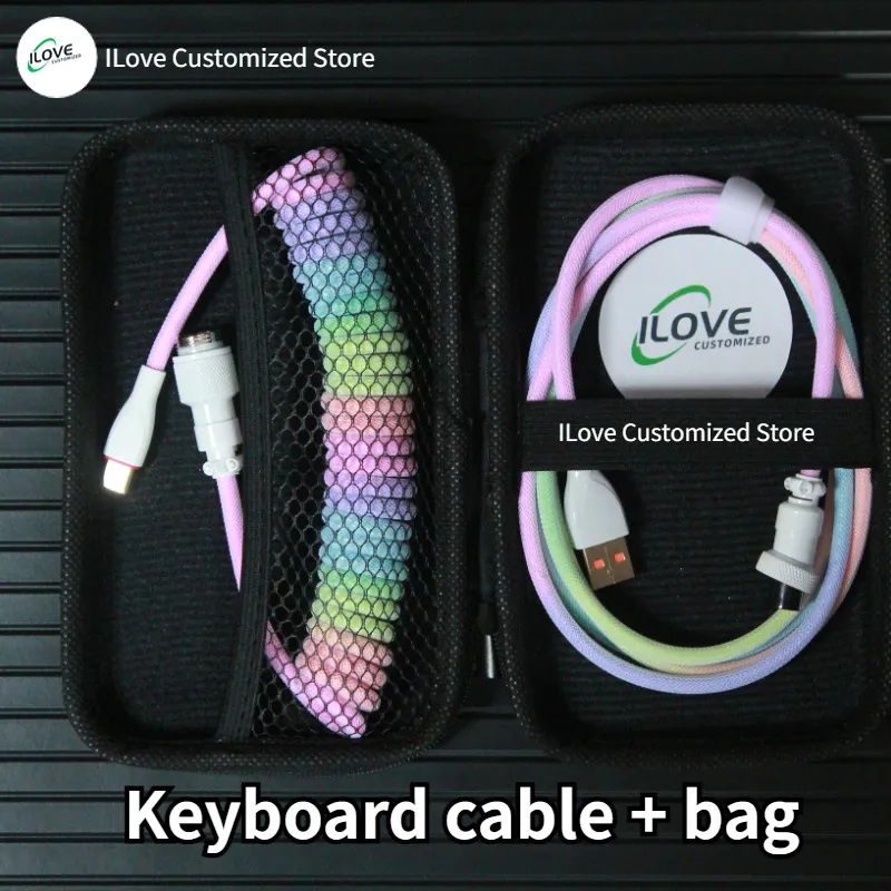 Coiled Keyboard Cable USB C for Mechanical Gaming Keyboard Double-Sleeved Wire with Detachable Metal Aviator Connector Charging