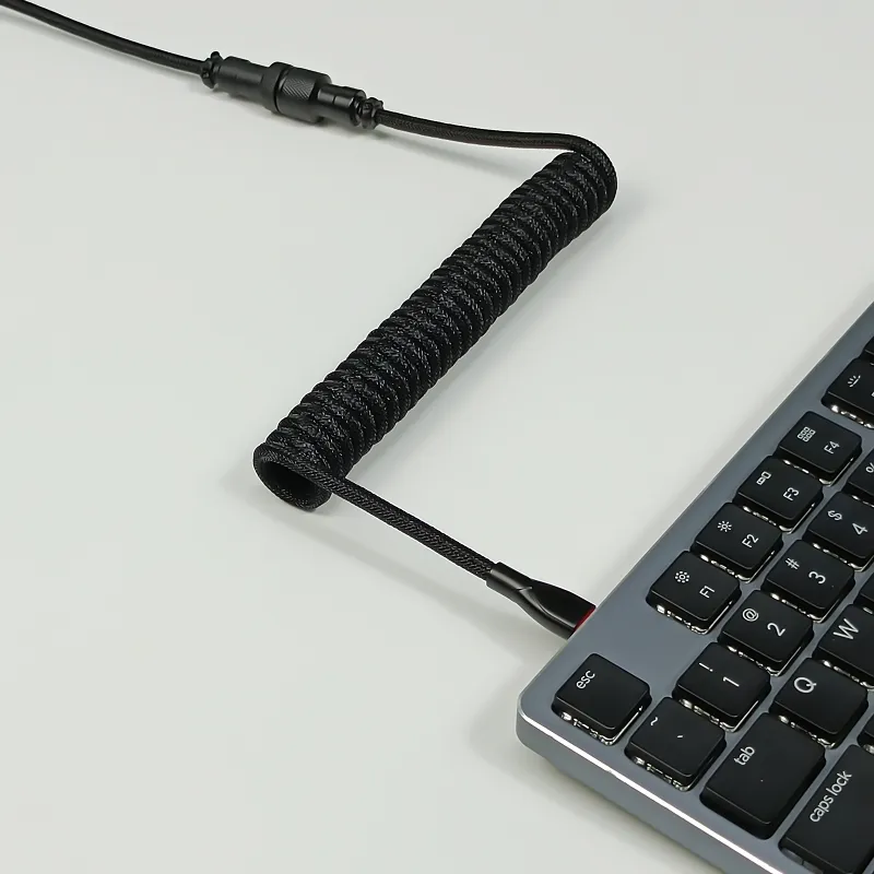 Coiled Keyboard Cable USB C for Mechanical Gaming Keyboard Double-Sleeved Wire with Detachable Metal Aviator Connector Charging