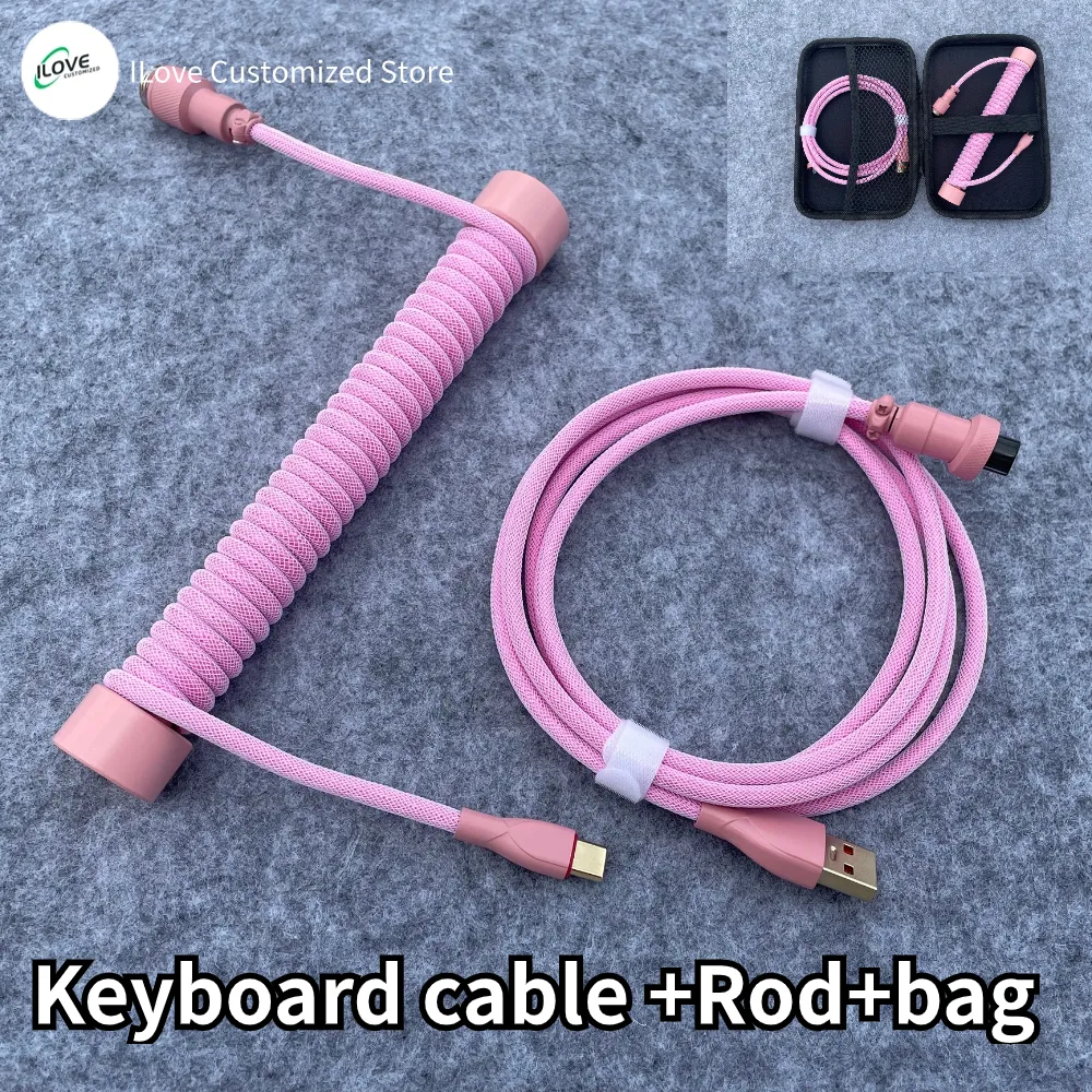 Coiled Keyboard Cable USB C for Mechanical Gaming Keyboard Double-Sleeved Wire with Detachable Metal Aviator Connector Charging