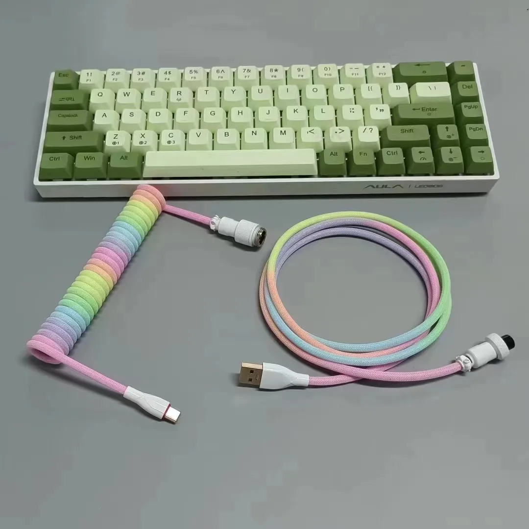 Coiled Keyboard Cable USB C for Mechanical Gaming Keyboard Double-Sleeved Wire with Detachable Metal Aviator Connector Charging