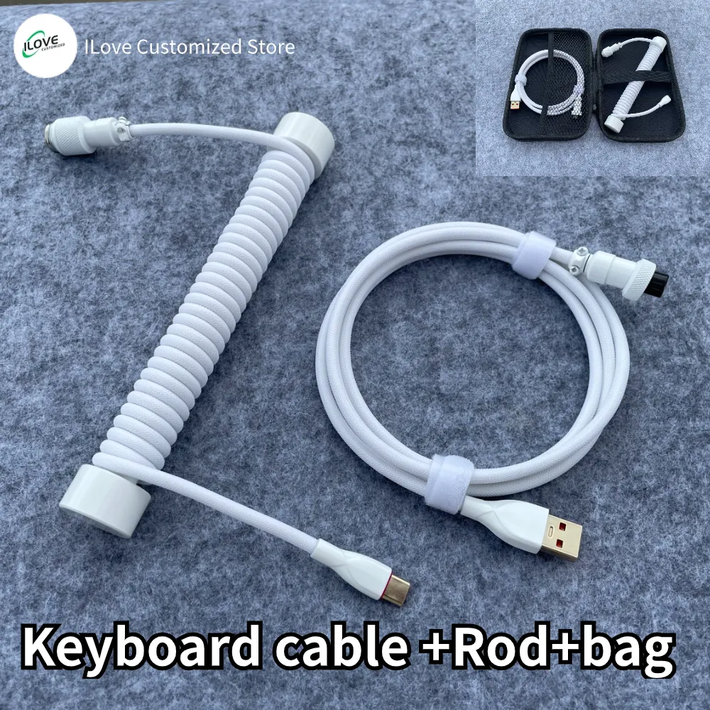 Coiled Keyboard Cable USB C for Mechanical Gaming Keyboard Double-Sleeved Wire with Detachable Metal Aviator Connector Charging