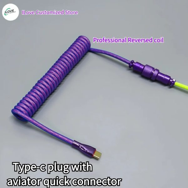 Coiled Keyboard Cable USB C for Mechanical Gaming Keyboard Double-Sleeved Wire with Detachable Metal Aviator Connector Charging