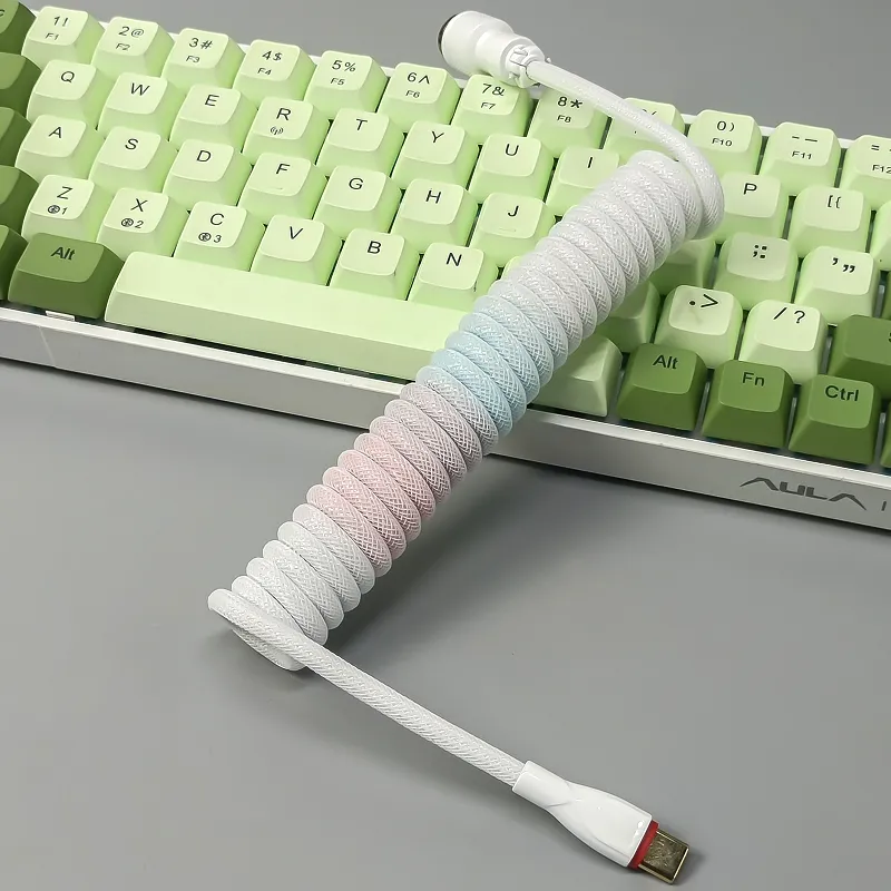 Coiled Keyboard Cable USB C for Mechanical Gaming Keyboard Double-Sleeved Wire with Detachable Metal Aviator Connector Charging