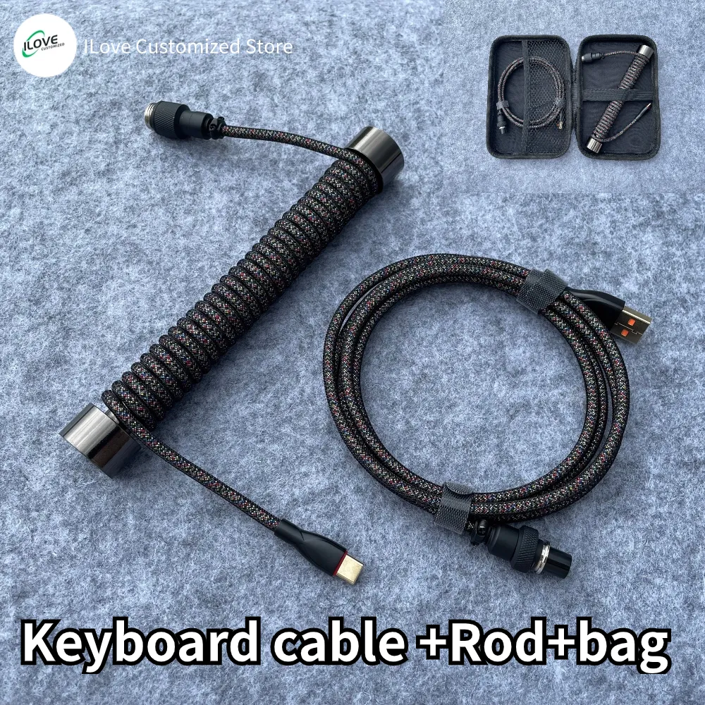 Coiled Keyboard Cable USB C for Mechanical Gaming Keyboard Double-Sleeved Wire with Detachable Metal Aviator Connector Charging