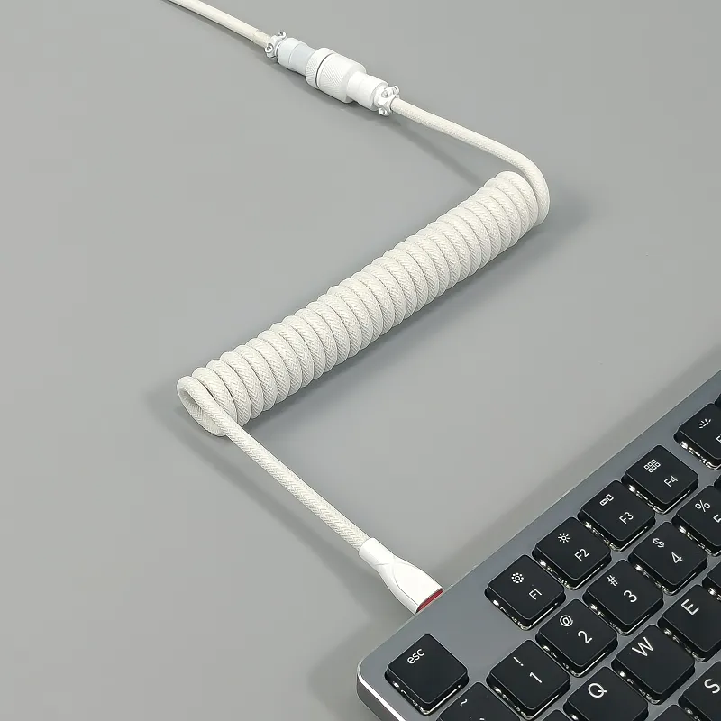 Coiled Keyboard Cable USB C for Mechanical Gaming Keyboard Double-Sleeved Wire with Detachable Metal Aviator Connector Charging