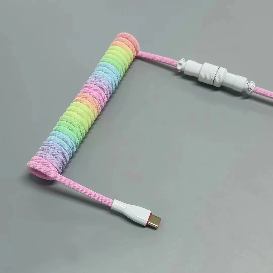 Coiled Keyboard Cable USB C for Mechanical Gaming Keyboard Double-Sleeved Wire with Detachable Metal Aviator Connector Charging
