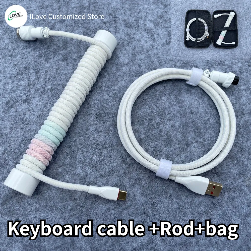 Coiled Keyboard Cable USB C for Mechanical Gaming Keyboard Double-Sleeved Wire with Detachable Metal Aviator Connector Charging